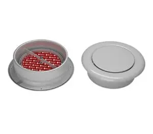 Two round tins, one open with red tablets inside, the other closed.