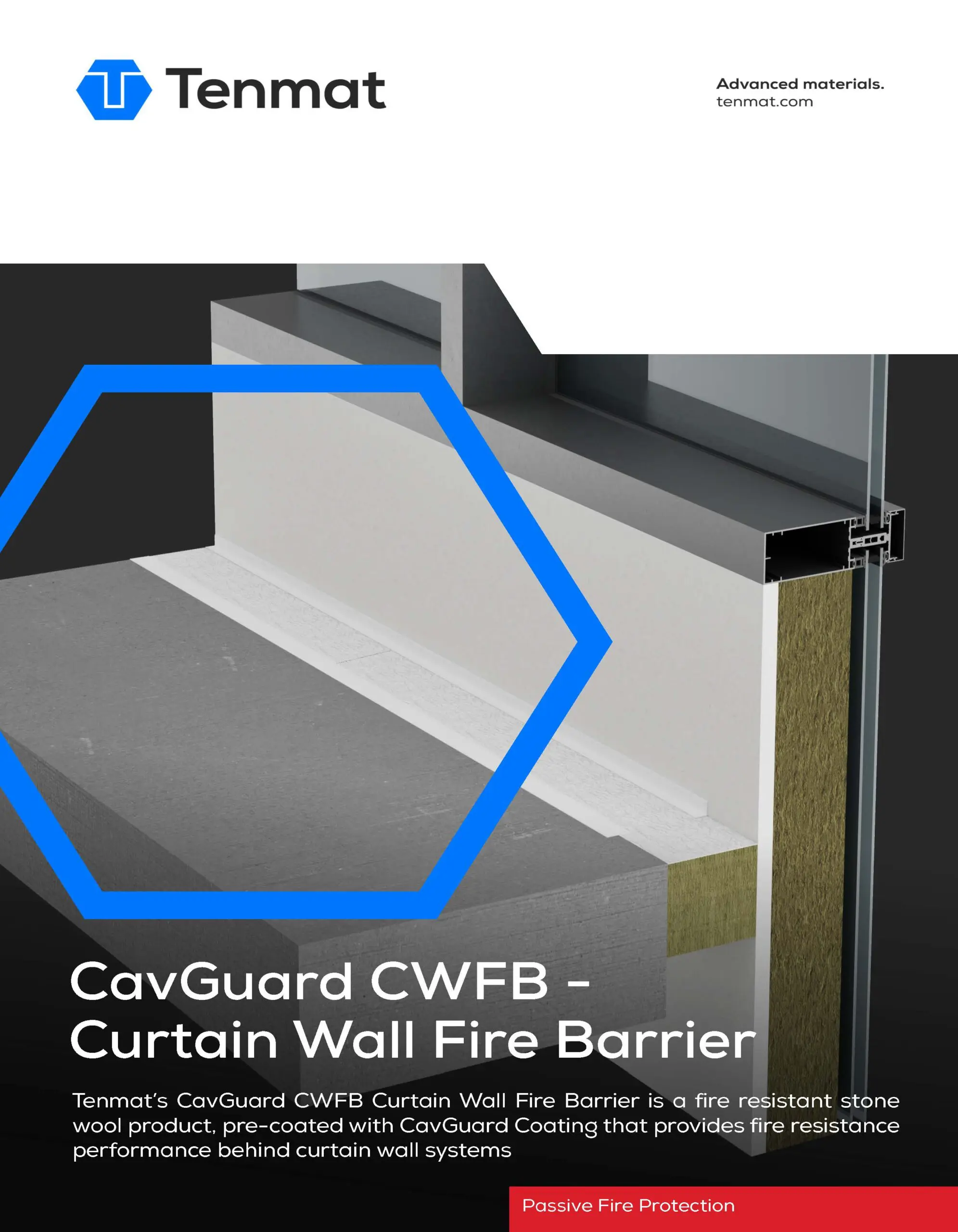 Diagram of wall fire barrier system featuring Tenmat and CavGuard logos and description text.