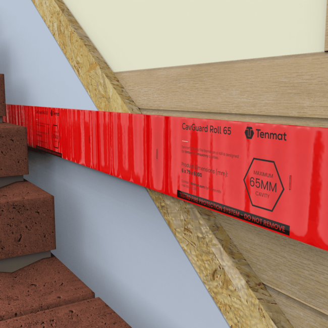 Mar 23 2022 Red Tenmat CavGuard barrier installed horizontally along a wall beside a staircase with brown steps.