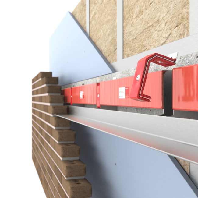 Cutaway view of a building wall showing insulation, cladding, and red metal support brackets.