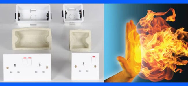 2-hour-fire-rated-tenmat-ff130-socket-inserts Electrical outlet safety materials and boxes next to a hand stopping a burst of fire.