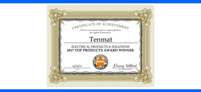 electrical-products-solutions-magazine-selects-tenmat-fire-rated-led-light-enclosures-top-product Certificate for Tenmat, awarded as 2017 Top Products Award Winner in Electrical Products & Solutions.