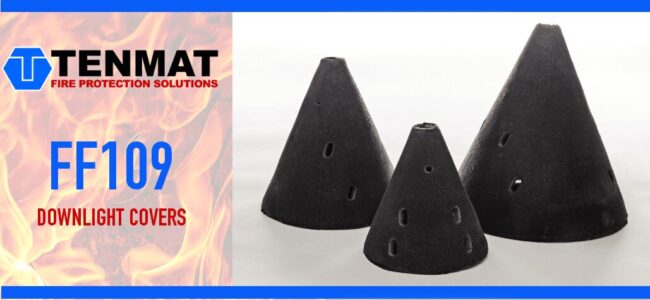 ff109-downlight-covers-fire-acoustic-rated Three black conical Tenmat FF109 downlight covers with logo and fire protection text on the left.