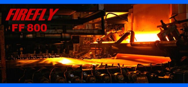 glass-roller-ff-800 Sheet metal glowing orange moves through industrial rollers; FIREFLY FF 800 text is in red on the left side.