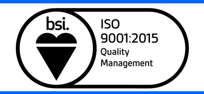 BSI ISO 9001:2015 Quality Management certification logo with a heart-shaped symbol.