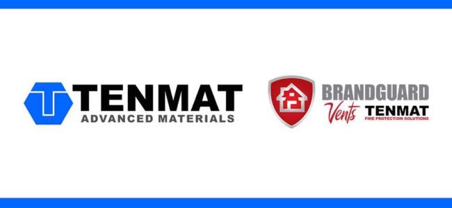tenmat-acquisition-newsflash-brandguardvents Logos for TENMAT Advanced Materials and BRANDGUARD Vents Fire Protection Solutions side by side on a white background.
