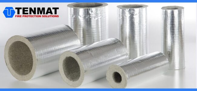 tenmat-pipe-fire-sleeves-up-to-4-hours-protection Six silver, foil-wrapped pipe insulation sleeves are displayed with the Tenmat Fire Protection Solutions logo above.