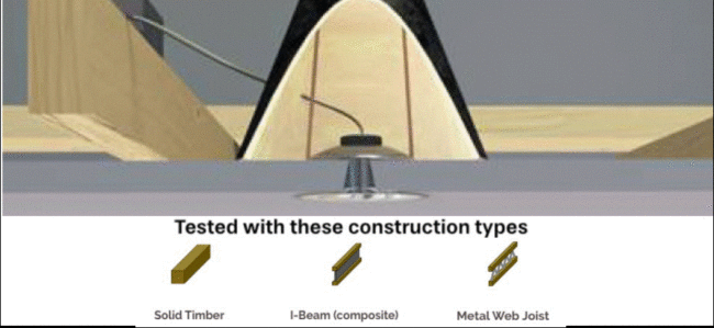 web-joists Diagram showing sound testing with solid timber, I-beam (composite), and metal web joist construction types.