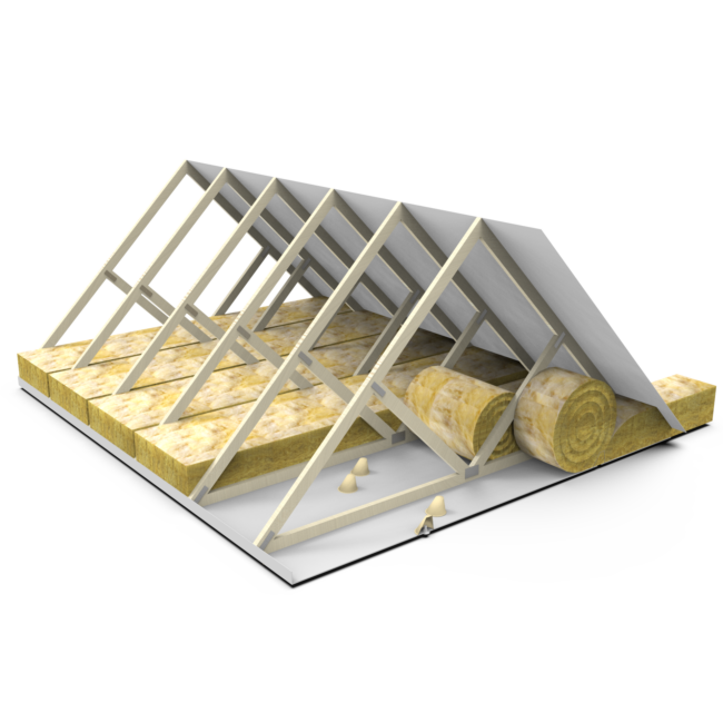 Cross-section of a roof showing exposed rafters and rolls of insulation being installed between joists.