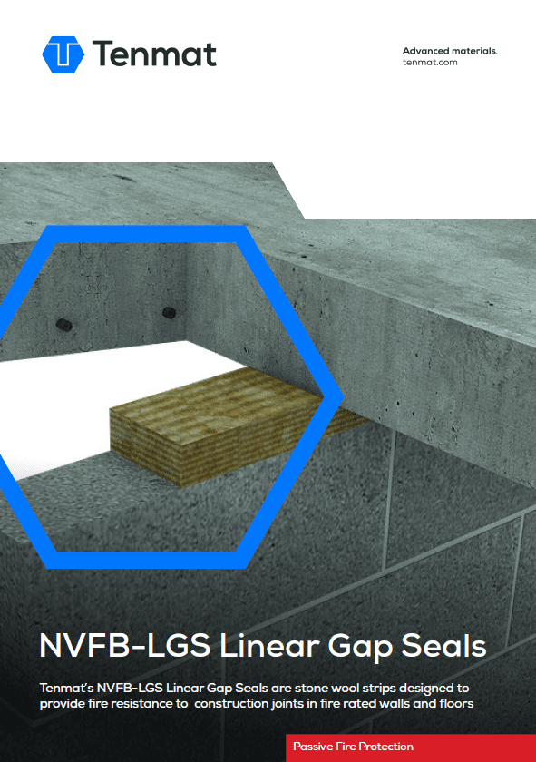 Stone wool gap seal is fitted between concrete wall and floor; Tenmat branding and product info shown.