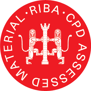 Red circular badge with two lions and text: RIBA CPD ASSESSED MATERIAL around the edge.