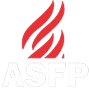 Red flame above bold white ASFP on transparent background.