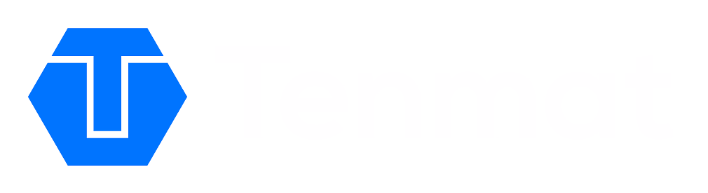 Blue hexagon with white T, beside Tenmat in light gray on a light background.