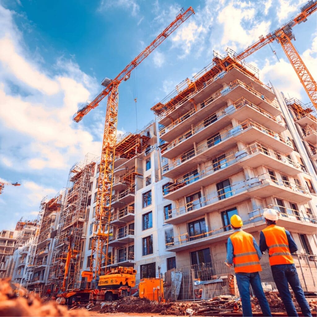 Two workers watch cranes and a tall building being constructed on a sunny day - Gateway Approval