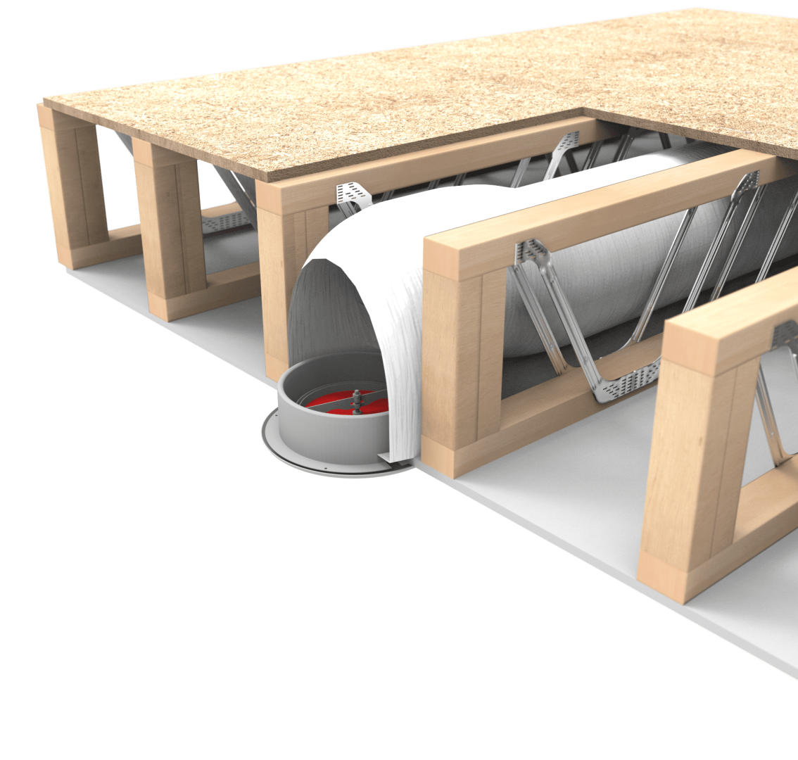 Raised floor cross-section showing HVAC ducts and wooden joists.